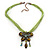 Olive Green/Light Green Diamante 'Butterfly With Tail' Cotton Cord Pendant Necklace In Bronze Metal - 38cm Length/ 8cm Extension