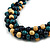 Dark Blue/ Natural/ Teal Cluster Wood Bead Chunky Necklace with Black Cotton Cord - 70cm L - view 4