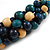 Dark Blue/ Natural/ Teal Cluster Wood Bead Chunky Necklace with Black Cotton Cord - 70cm L - view 5