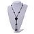 Dark Blue Glass Heart Pendant on Black Cotton Cord with Ceramic and Metal Beads Necklace - 64cm Long/ 15cm Tassel - view 2