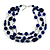 210g Solid 3 Strand Dark Blue Glass & Ceramic Bead Necklace In Silver Tone - 60cm L/ 5cm