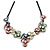 Pastel Multicoloured Matte Enamel Flower Cluster Clear Crystal Necklace In Black Tone - 42cm L/ 5cm Ext