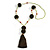 Dark Olive Pom Pom, Glass Bead, Tassel Long Necklace - 88cm L/ 17cm Tassel