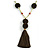 Dark Olive Pom Pom, Glass Bead, Tassel Long Necklace - 88cm L/ 17cm Tassel - view 7