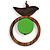 Brown/ Green Bird and Circle Wooden Pendant Cotton Cord Long Necklace - 84cm L/ 10cm Pendant
