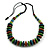 Lime Green/ Teal/ Brown  Wood Button/ Round Bead Black Cotton Cord Necklace - 80cm Max Lenght - Adjustable