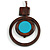 Brown/ Turquoise Blue Double Circle Wooden Pendant Brown Cotton Cord Long Necklace - 80cm L/ 10cm Pendant - Adjustable