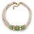 Beige Fabric Wire Choker Necklace with Light Green/ Cream Bead and Crystal Rings In Gold Tone - 41cm L/ 5cm Ext