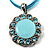 Light Blue Crystal Enamel Medallion Cotton Cord Pendant (Silver Tone) -38cm