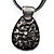 Black Enamel Textured Oval Pendant With Cotton Cord Necklace ( Silver Tone) - 37cm Length