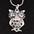 Wise Multicoloured Diamante Owl Pendant Necklace In Rhodium Plated Metal - 42cm Length