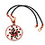 Copper Tone Black/Red Glass Bead Medallion Pendant  Black Leather Style Cord Necklace - 52cm Length