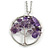 'Tree Of Life' Open Round Pendant Amethyst Semiprecious Stones with Silver Tone Chain - 44cm