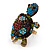 Large Multicoloured Crystal Turtle Ring In Burn Gold Metal - Adjustable - 5cm Length