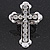 'Fleur de Lis' Crystal Set Statement Cross Stretch Ring In Vintage Silver Finish - 6cm Length - Adjustable size 7/8
