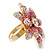 Large Dimensional Clear/ Pink Swarovski Crystal Narcissus Cocktail Ring In Gold Plating - 40mm Diameter - Size 7/8 (Adjustable) - view 5