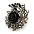 Oversized Black Rose Crystal Leaf Cocktail Ring In Aged Silver Tone - 60mm L - view 6
