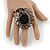 Oversized Black Rose Crystal Leaf Cocktail Ring In Aged Silver Tone - 60mm L - view 2