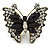 Large Clear Crystal, Black Acrylic Bead Butterfly Ring In Antique Gold Tone Metal - 55mm - Size 8