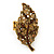 Large 'Autumn Dew' Citrine/ Amber Crystal Leaf Stretch Ring In Burnt Gold Tone - 58mm - Adjustable Size 7/8
