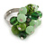 Green Glass and Ceramic Bead Cluster Ring in Silver Tone Metal - Adjustable 7/8