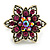 Vintage Inspired Magenta Crystal Flower Cocktail Ring in Aged Gold Tone - 30mm Across
