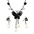 Romantic Faux Pearl 'Butterfly' Necklace & Drop Earrings Set In Black Metal - view 2