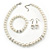 White Simulated Glass Pearl Necklace, Flex Bracelet & Drop Earrings Set With Diamante Rings - 38cm Length
