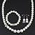 White Simulated Glass Pearl Necklace, Flex Bracelet & Drop Earrings Set With Diamante Rings - 38cm Length - view 2