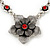 Burn Silver Textured 'Flower' Necklace & Drop Earrings Set With Red Crystals - 40cm Length / 6cm Extension - view 4