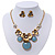 Burn Gold Diamante 'Flower' Necklace With Blue Stones & Stud Earrings Set - 42cm Length/ 6cm Extension
