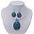Large Turquoise Oval Medallion Flex Wire Necklace & Earrings Set In Silver Plating - Adjustable - view 2