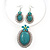 Large Teal Green Oval Medallion Flex Wire Necklace & Earrings Set In Silver Plating - Adjustable