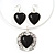 Black 'Heart' Pendant Flex Wire Necklace & Drop Earrings Set In Silver Plating - Adjustable - view 2