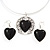 Black 'Heart' Pendant Flex Wire Necklace & Drop Earrings Set In Silver Plating - Adjustable - view 4