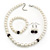 White Simulated Glass Pearl Necklace, Flex Bracelet & Drop Earrings Set With Diamante Rings & Purple Beads - 38cm Length