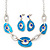 Light Blue Enamel Oval Geometric Chain Necklace & Drop Earrings Set In Rhodium Plating - 38cm Length/ 6cm Extension