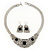 Ethnic Silver Tone Filigree, Black Glass Stone Necklace With T-Bar Closure & Drop Earrings Set - 40cm Length
