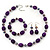 Purple/Violet Glass/Crystal Bead Necklace, Flex Bracelet & Drop Earrings Set In Silver Plating - 44cm Length/ 5cm Extension