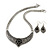 Ethnic Burn Silver Hammered, Black Ceramic Stone Necklace With T-Bar Closure & Teardrop Earrings Set - 42cm Length