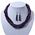 Deep Purple, Metallic Purple Simulated Glass Pearl Bead Multi Strand Neckace, Bracelet & Drop Earrings Set In Silver Tone - 34cm Length/ 4cm Extender - view 7