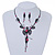 Exquisite Y-Shape Magenta Rose Necklace & Drop Earring Set In Black Metal - view 2