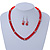 Bright Red Glass Bead Necklace & Drop Earrings Set With Diamante Rings - 44cm Length