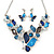 Romantic Glass, Crystal Blue Butterfly V Shape Necklace & Drop Earrings In Silver Tone Metal - 40cm L/ 8cm Ext - Gift Boxed