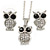 Clear/ Black Crystal Owl Pendant with Chain and Stud Earrings Set In Silver Tone - 40cm L/ 4cm Ext