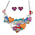 Romantic Multicoloured Glass, Enamel Multi Heart Necklace and Stud Earrings Set In Rhodium Plating - 40cm L/ 8cm Ext