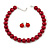 14mm Red Glass Bead Choker Necklace & Stud Earrings Set - 37cm L/ 5cm Ext