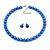 10mm Blue Glass Bead Choker Necklace & Stud Earrings Set - 37cm L/ 5cm Ext
