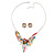 Matt Pastel Multicoloured Enamel, Clear Crystal Floral Necklace and Stud Earrings In Light Silver Tone - 45cm L/ 7cm Ext - view 6