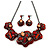 Red/ Coral Crystal Asymmetrical Acrylic Floral Necklace with Black Tone Chain - 41cm L/ 7cm Ext - Gift Boxed